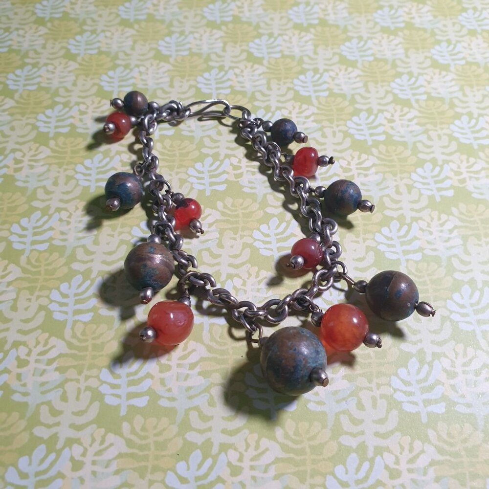 Vintage Bronze Tone Chain Bracelet Beads Hook Closure 8 In Long Orange Green